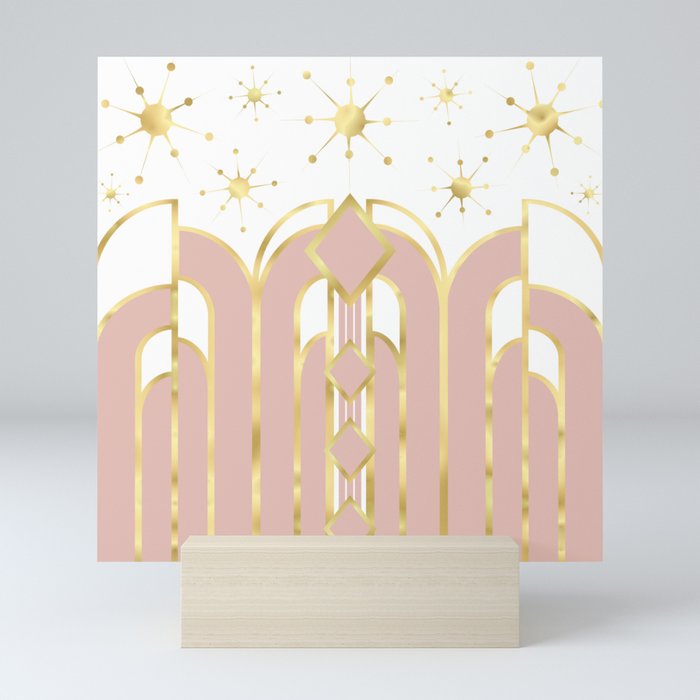 Art Deco Geometric Architectural Shapes and Stars in Blush Pink and Yellow Gold Mini Art Print