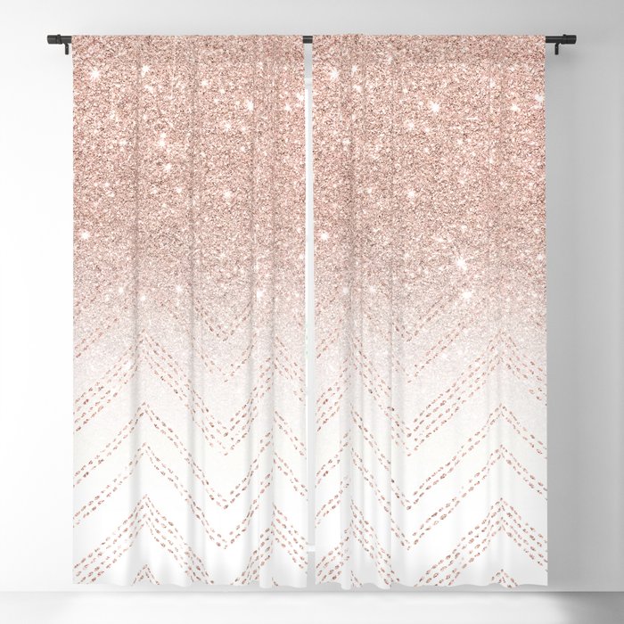 Modern Faux Rose Gold Glitter Ombre, Pink And Gold Chevron Curtains