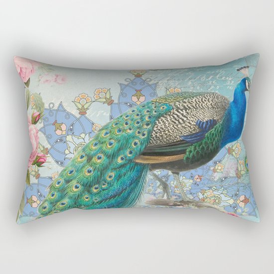 Peacock & Pink Roses #2 Rectangular Pillow