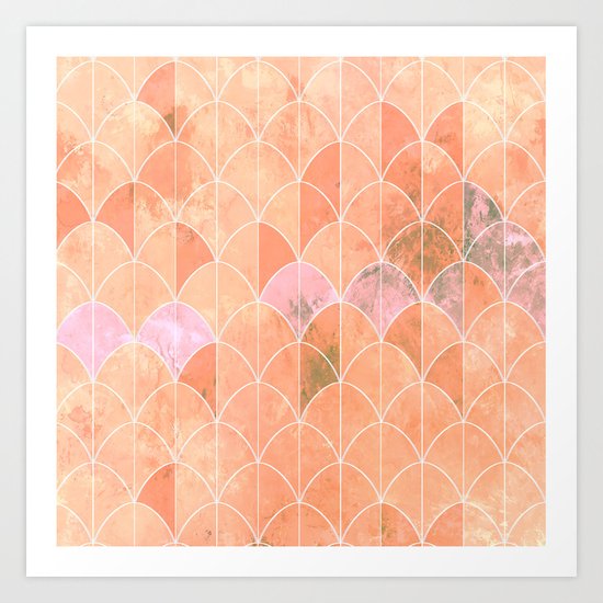 Mermaid scales. Peach and pink watercolors. Art Print