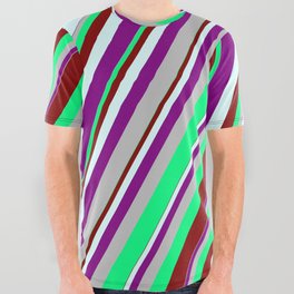[ Thumbnail: Vibrant Green, Maroon, Light Cyan, Purple, and Grey Colored Lines Pattern All Over Graphic Tee ]