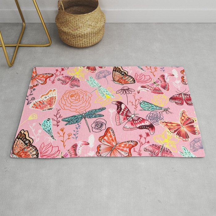 Dragonflies, Butterflies and Moths With Plants on Millennial Pink Rug