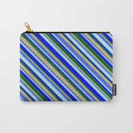 [ Thumbnail: Eye-catching Tan, Royal Blue, Turquoise, Blue & Dark Green Colored Pattern of Stripes Carry-All Pouch ]