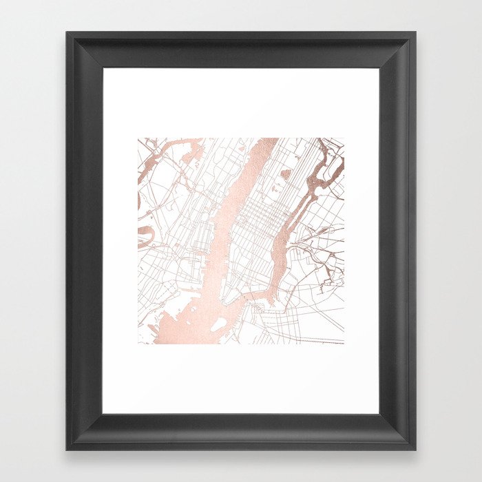 New York City White on Rosegold Street Map Framed Art Print