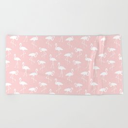 White flamingo silhouettes seamless pattern on pastel pink background Beach Towel