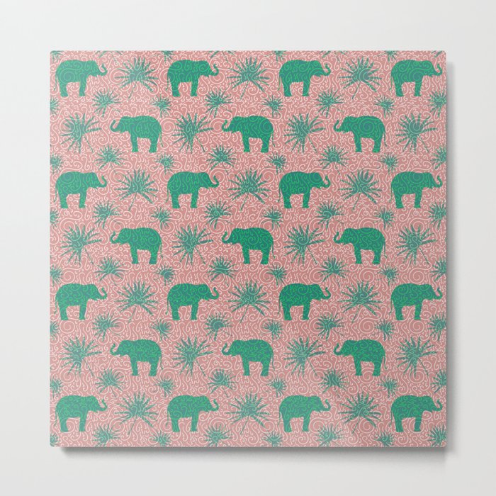 Wild African elephants, exotic tropical leaves animal botanical sand color ethnic tribal pattern Metal Print