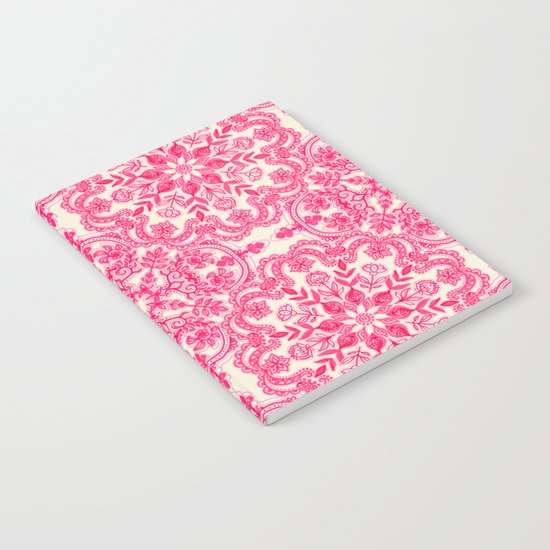 Hot Pink & Soft Cream Folk Art Pattern Notebook