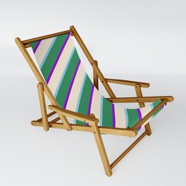 [ Thumbnail: Sea Green, Dark Violet, Beige, and Sky Blue Colored Striped Pattern Sling Chair ]