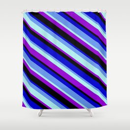 [ Thumbnail: Colorful Blue, Cornflower Blue, Turquoise, Dark Violet, and Black Colored Pattern of Stripes Shower Curtain ]