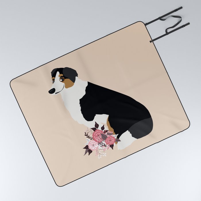 Australian Shepherd and Flowers Tri Color Aussie Dog Beige Picnic