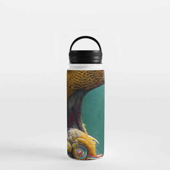 A fantasy portrait of an unusual bird in a fairy-tale elfin forest. Fabulous flower garden and cute fantasy birds. Concept of a colorful magic bird. Water Bottle
