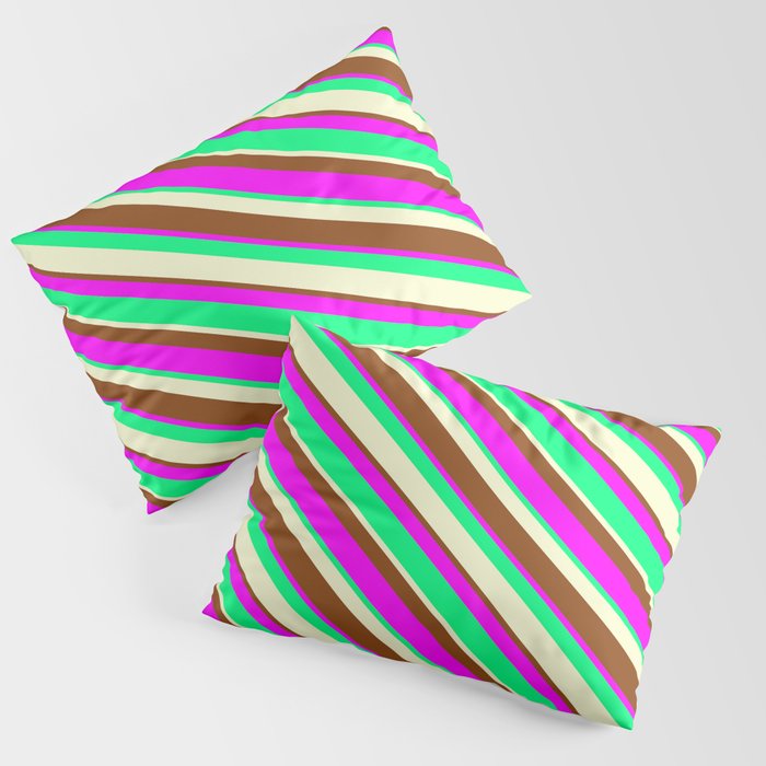 Brown, Fuchsia, Green, and Light Yellow Colored Stripes Pattern Pillow Sham
