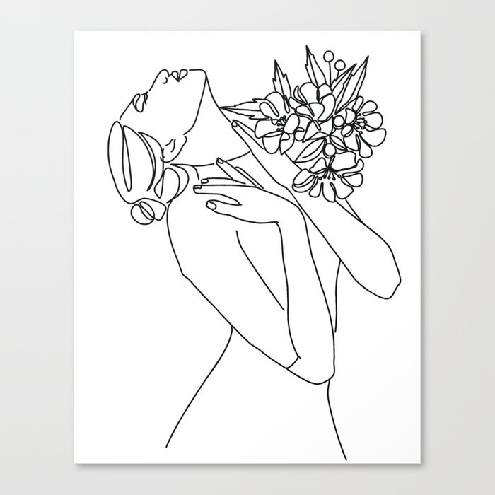 Woman Body & Flowers Black & White Line Artwork Canvas Print