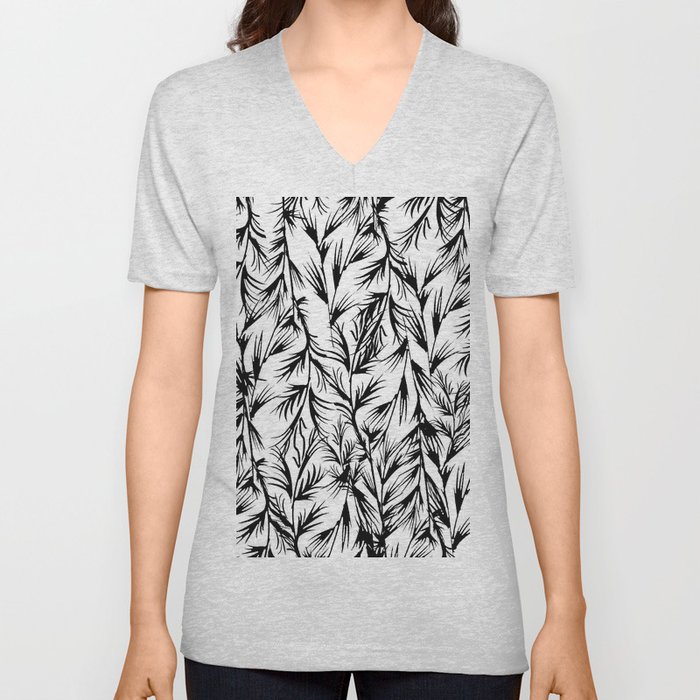 Tropical black white floral leaves pattern V Neck T Shirt