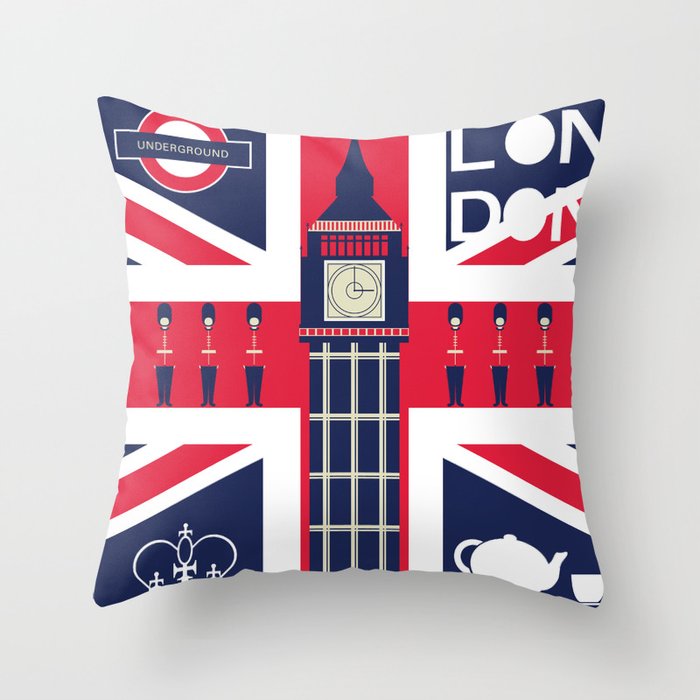 Vintage Union Jack UK Flag with London Decoration Throw Pillow