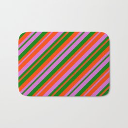 [ Thumbnail: Orchid, Green & Red Colored Stripes/Lines Pattern Bath Mat ]