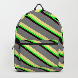 [ Thumbnail: Colorful Gray, Tan, Lime, Black & Maroon Colored Stripes/Lines Pattern Backpack ]