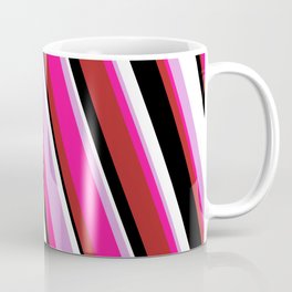 [ Thumbnail: Eyecatching Plum, Deep Pink, Red, Black & White Colored Lined/Striped Pattern Coffee Mug ]