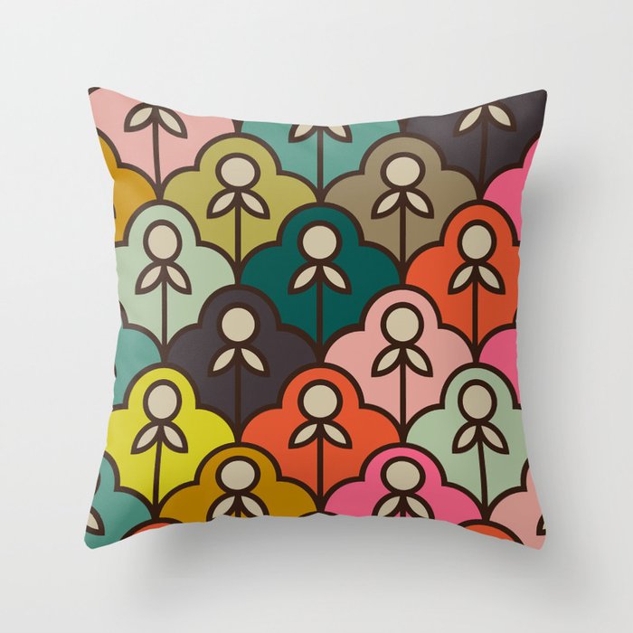 Minimal Geometric Retro Floral Pattern - Bright Vintage Throw Pillow