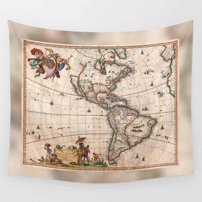 1658 Visscher Map of North & South America with enhancements Wall Tapestry