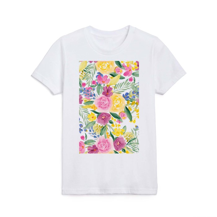 Modern bright pink yellow blue country floral watercolor pattern Kids T Shirt