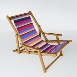 [ Thumbnail: Eye-catching Crimson, Royal Blue, Light Coral, Tan, and Midnight Blue Colored Striped/Lined Pattern Sling Chair ]