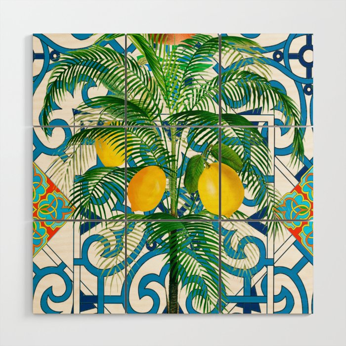 Palmtree,lemons,tropical,exotic pattern  Wood Wall Art