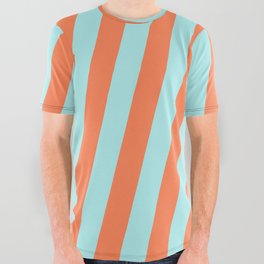 [ Thumbnail: Turquoise and Coral Colored Stripes Pattern All Over Graphic Tee ]