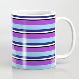 [ Thumbnail: Vibrant Dark Orchid, Sky Blue, Midnight Blue, White & Black Colored Pattern of Stripes Coffee Mug ]