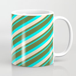 [ Thumbnail: Dark Olive Green, Cyan & Bisque Colored Lined Pattern Coffee Mug ]