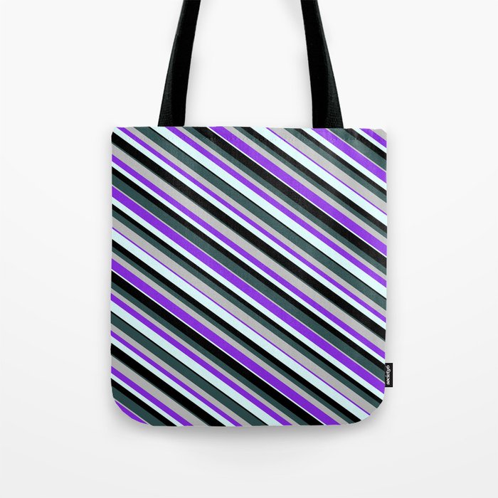 Eye-catching Dark Slate Gray, Grey, Purple, Light Cyan, and Black Colored Lines Pattern Tote Bag