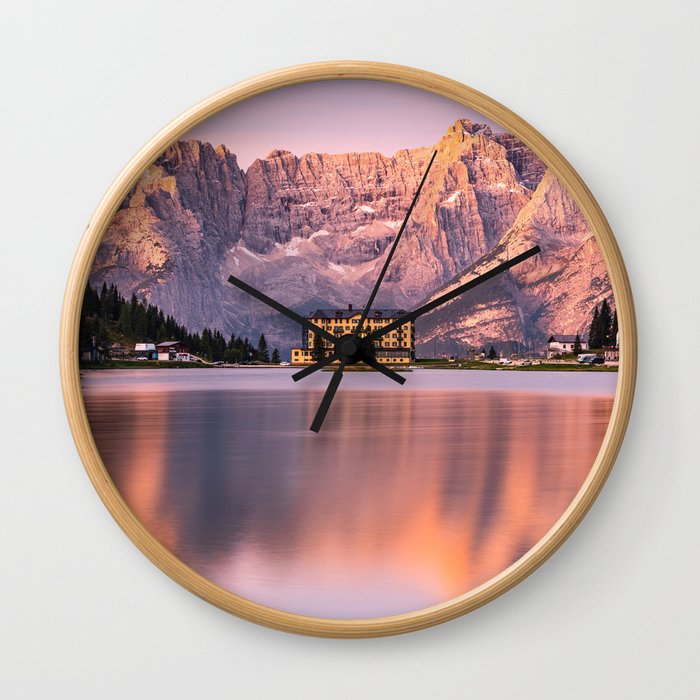 Glowing Dolomites Mountains Peaks at Sunrise over Lake Misurina in Italy Wall Clock