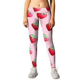 Sensational Strawberries Pink Background Leggings