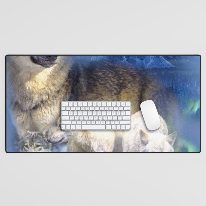 Snow Wolf In Northern-Lights Forest, Moon Wolves Desk Mat