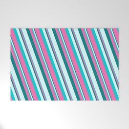 [ Thumbnail: Teal, Light Cyan, Dark Turquoise, and Hot Pink Colored Pattern of Stripes Welcome Mat ]