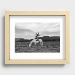 Wild horses couldn't take you from me; young woman on a white horse throwing her hair black wilderness black and white photograph - photography - photographs Recessed Framed Print