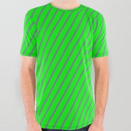 [ Thumbnail: Slate Gray and Lime Colored Striped Pattern All Over Graphic Tee ]
