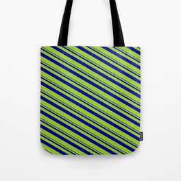 [ Thumbnail: Dark Blue & Green Colored Stripes Pattern Tote Bag ]