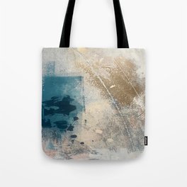 Embrace: a minimal, abstract mixed-media piece in blues and gold with a hint of pink Tote Bag