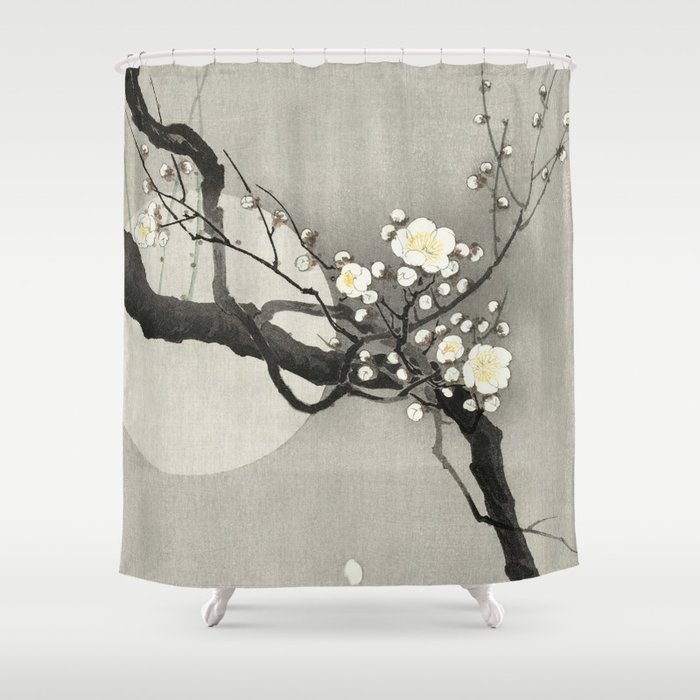 Ohara Koson, Blossoming Tree And Full Moon - Vintage Japanese Woodblock Print Shower Curtain