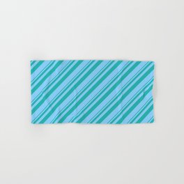 [ Thumbnail: Light Sea Green & Light Sky Blue Colored Striped Pattern Hand & Bath Towel ]