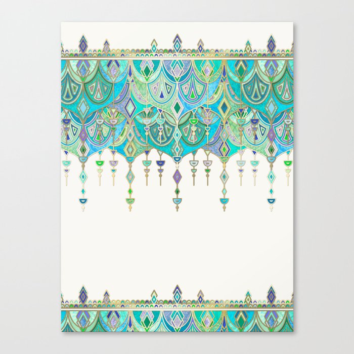 Art Deco Double Drop in Jade and Aquamarine on Cream Canvas Print