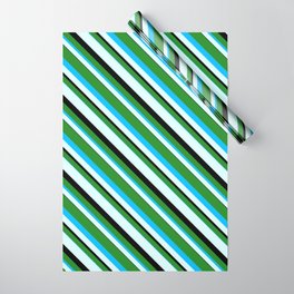 [ Thumbnail: Forest Green, Deep Sky Blue, Light Cyan & Black Colored Stripes/Lines Pattern Wrapping Paper ]