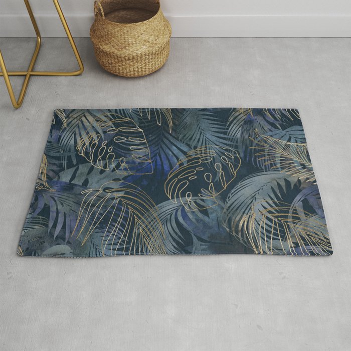 Mystic Jungle Monstera And Palm Leaves Blue And Gold Rug