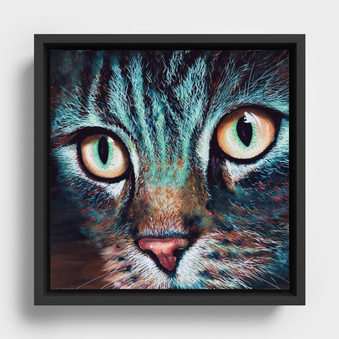 Colorful Turquoise Cat with Eyes Framed Canvas