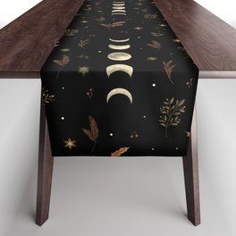 Moonlight Garden - Winter Brown Table Runner | Moon, Graphicdesign, Holiday, Botany, Christmas, Botanical, Moonphase, Midnight, Boho, Mood 