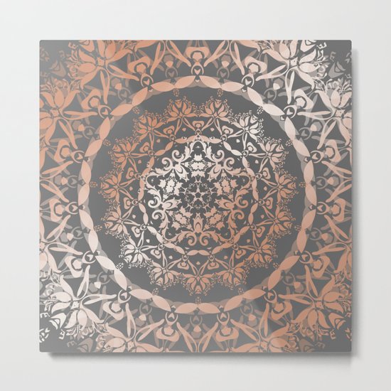 Rose Gold Gray Floral Mandala Metal Print