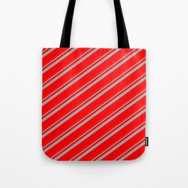 [ Thumbnail: Dark Grey and Red Colored Lined Pattern Tote Bag ]