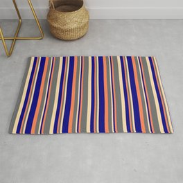 [ Thumbnail: Coral, Dim Gray, Tan & Blue Colored Pattern of Stripes Rug ]