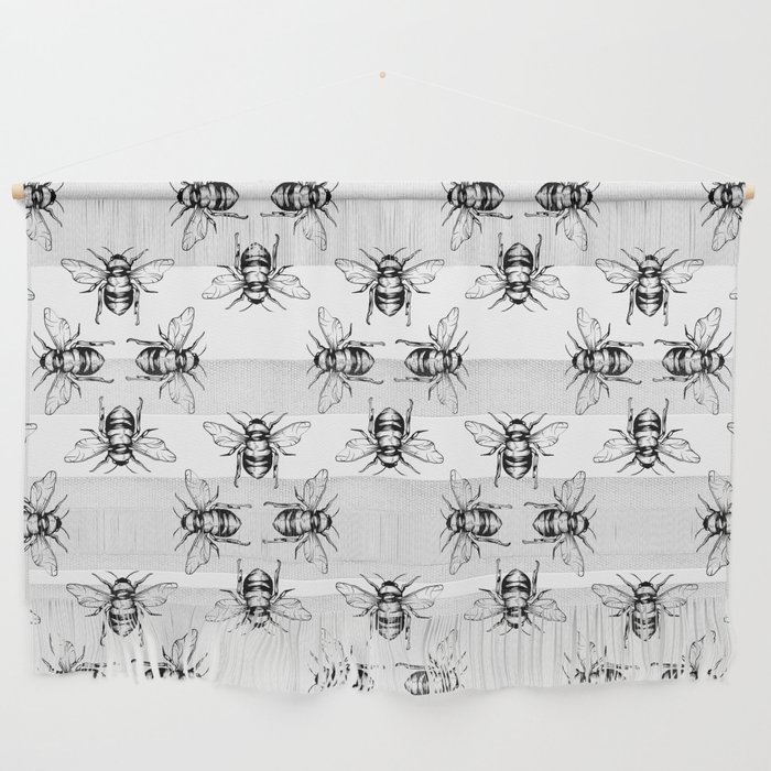 Nature Honey Bees Bumble Bee Pattern Black White Wall Hanging